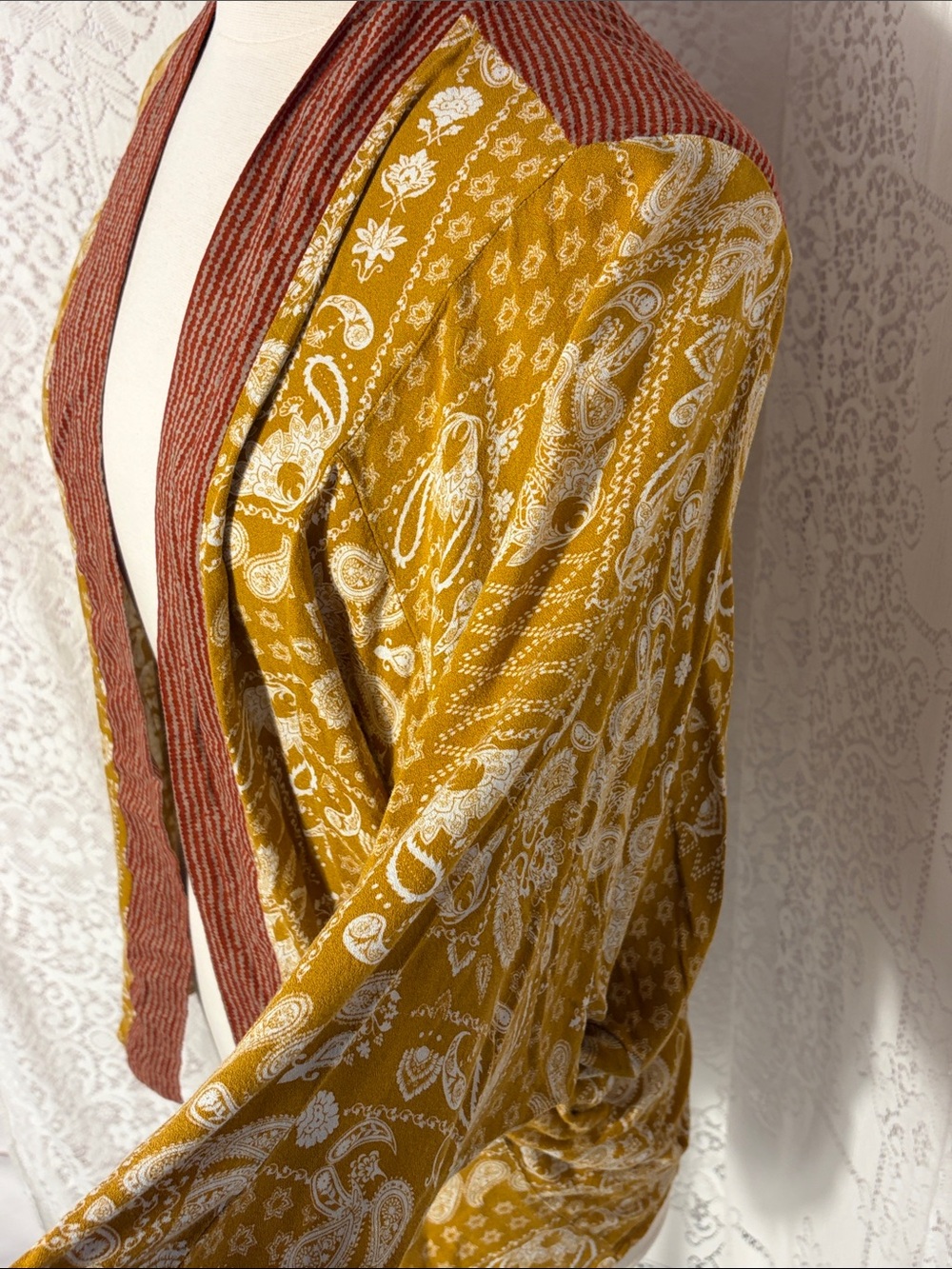 Mystree Mustard Paisley Open Front Cardigan with Rust Trim - Picture 3 of 8